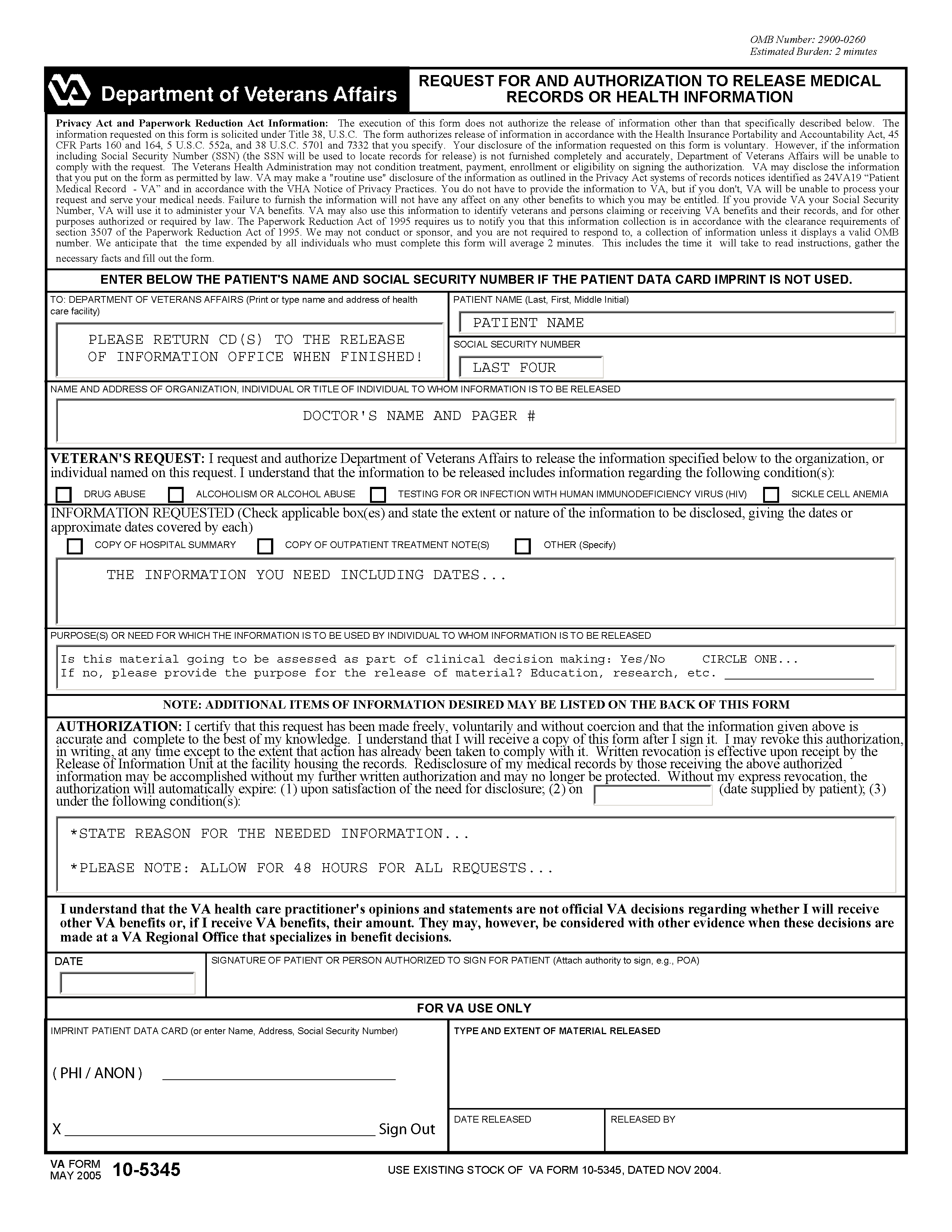 sample completed form 105345