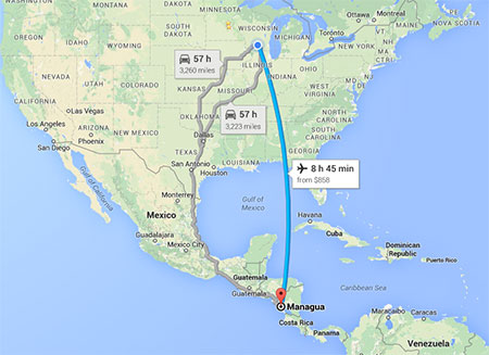 A google map showing flight line and time from Madison to Managua, 8 hours and 45 minutes, versus two 57 hour driving options