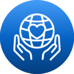 Blue circle with a white icon depicting two hands holding a globe that has a heart on it