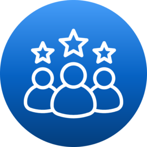 Blue circle with a white icon in the middle that depicts three people with a star above each of their heads