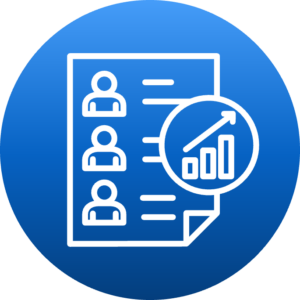 Blue circle with a white icon on it that depicts a piece of paper with three people on it as well as a graph overlaying that page